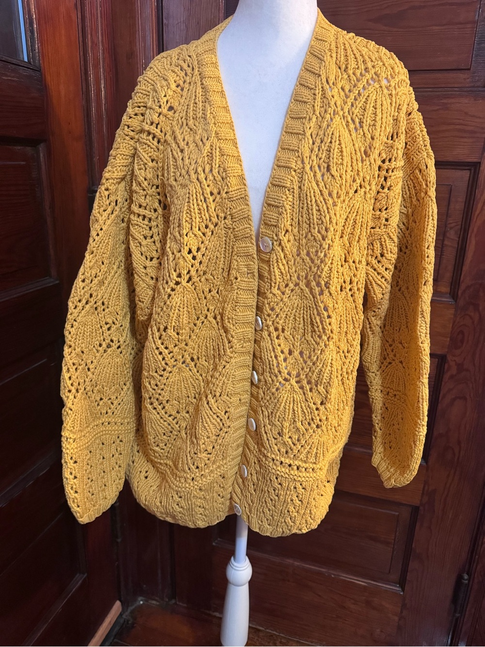 Vintage Gap 100% Cotton Mustard Yellow Hand-Knit Lace Cardigan | Medium